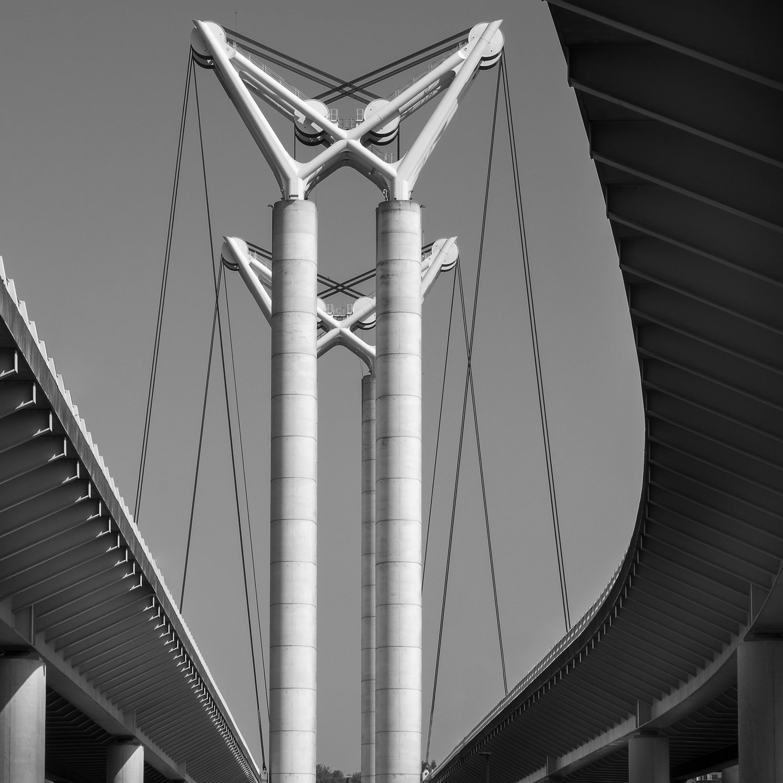 Black and white photo of Pont Gustave-Flaubert illustrating modern architectural design in Rouen, France.